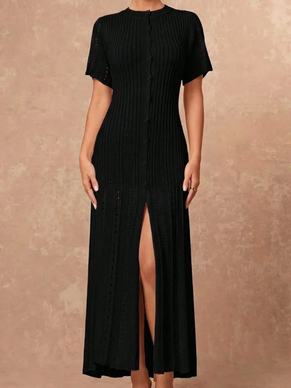 Black Elegant Women's Button Knit Short Sleeve Fishtail Skirt